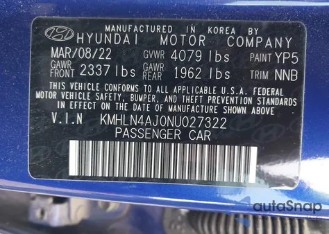 2022 Hyundai Elantra Hybrid Limited z USA, uszkodzony, nr VIN KMHLN4AJ0NU027322